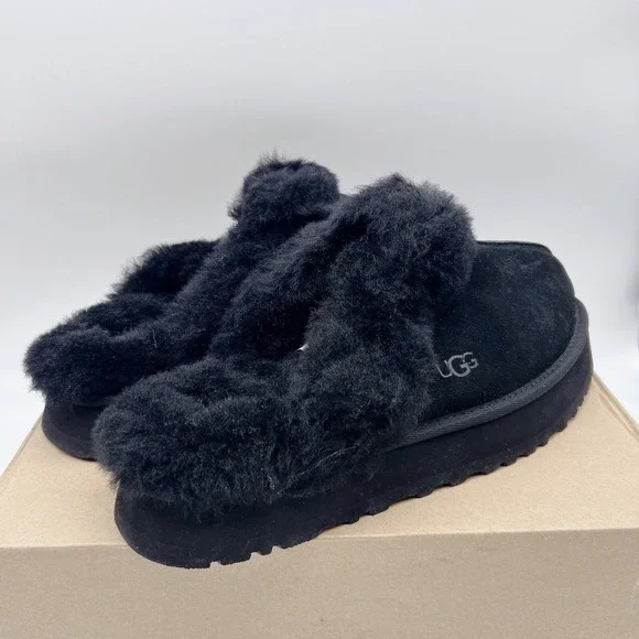 UGG Disquette Slide Slipper Shearling Platform Sandal Black Women's US 12 NEW!!!